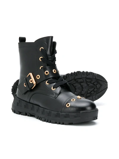 Shop Young Versace Buckle-embellished Combat Boots In Black