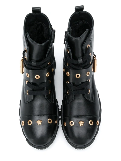 Shop Young Versace Buckle-embellished Combat Boots In Black