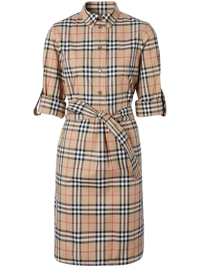 Burberry + Net Sustain Belted Checked Cotton-blend Poplin Mini Shirt Dress In Beige