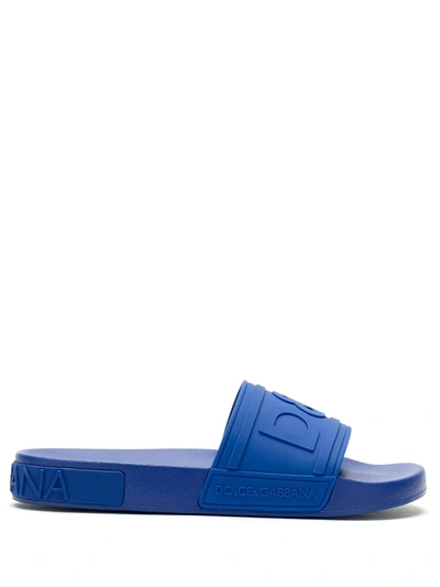 Shop Dolce & Gabbana Logo-embossed Beachwear Slides In Blue