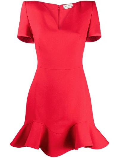 Shop Alexander Mcqueen V-neck Frilled Hem Dress In Red