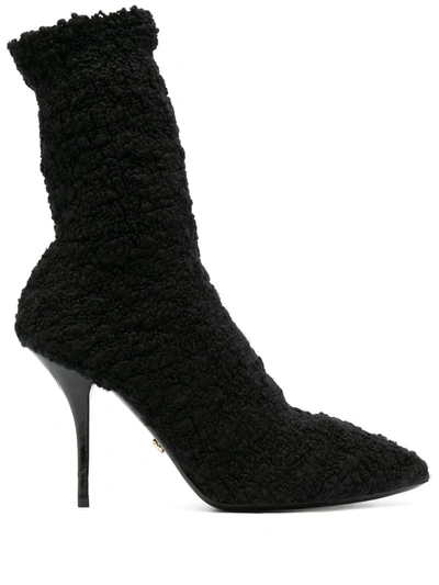 Shop Dolce & Gabbana Shearling Stiletto Heel Boots In Black