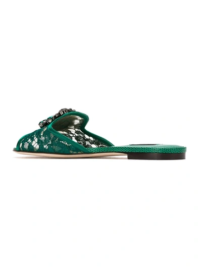 Dolce & Gabbana Lace Flat Sandals Crystal Embellishments In Green