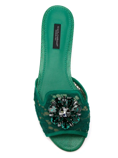 Dolce & Gabbana Lace Flat Sandals Crystal Embellishments In Green