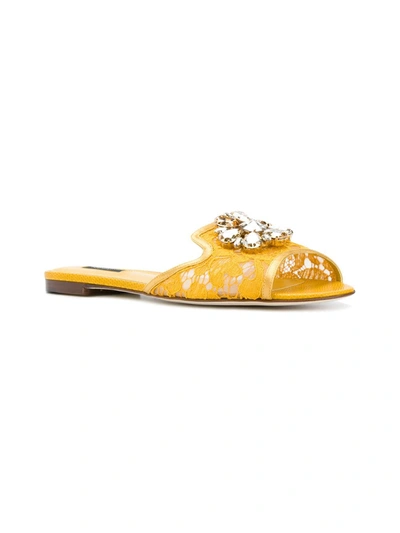 Shop Dolce & Gabbana Rainbow Lace Brooch-detail Sandals In Yellow