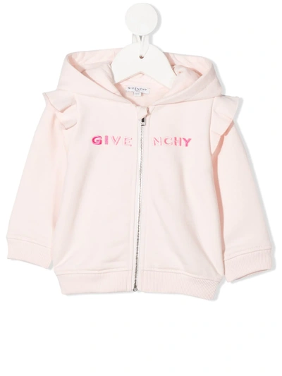 Shop Givenchy Logo Embroidered Zip-front Hoodie In Pink