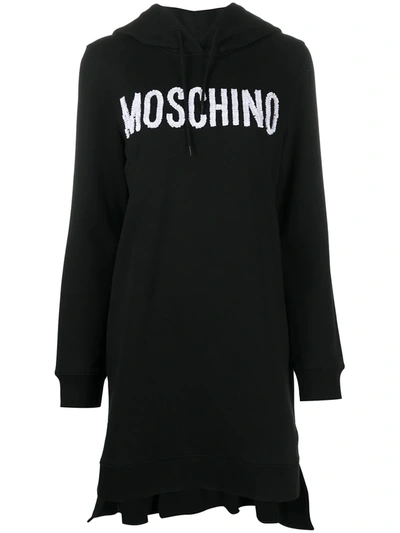 Shop Moschino Logo Print Hooded Dress In Black
