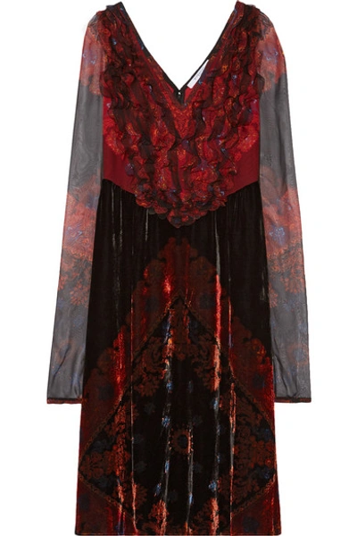 Givenchy Woman Bandana Printed Velvet Dress With Chiffon Crimson