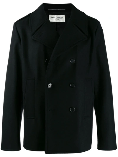 Shop Saint Laurent Boxy Fit Double-breasted Coat In Black