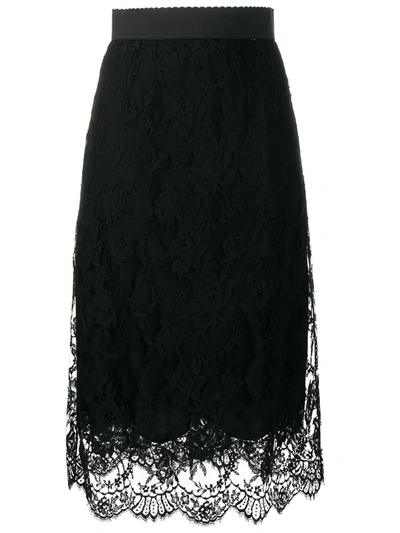 Shop Dolce & Gabbana Floral Lace Midi Skirt In Black