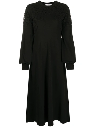 Shop Valentino Lace Trim Long-sleeve Dress In Black