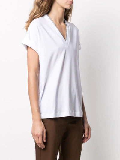 Shop Brunello Cucinelli Silvery Trim V-neck T-shirt In White