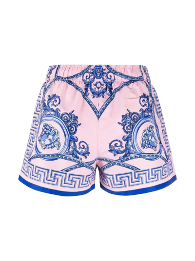 Shop Versace Baroque-print Drawstring-waist Swim Shorts In Rosa