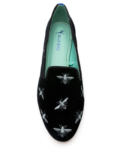 Shop Blue Bird Shoes Embroidered Bee Motif Velvet Loafers In Black