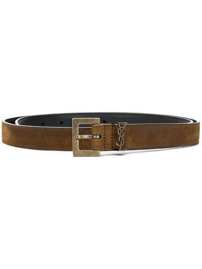 Shop Saint Laurent Monogram Plaque Belt In Brown