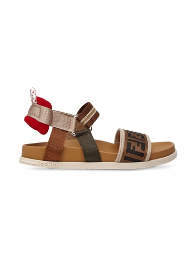 Shop Fendi Logo-print Touch-strap Sandals In Brown