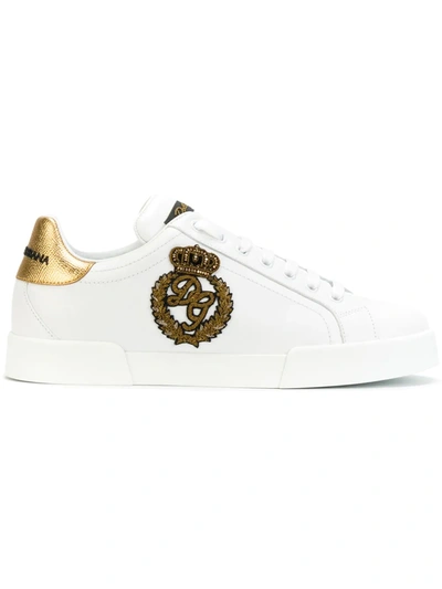 Dolce & Gabbana Iconic Leather Sneakers With Embroidered Crest And Luxurious Detailing In White