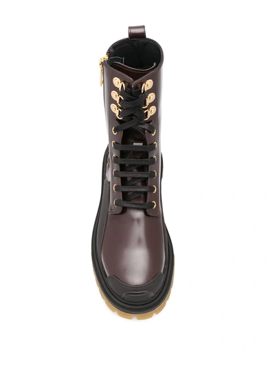 Shop Dolce & Gabbana Ridged Lace-up Leather Booties In Brown