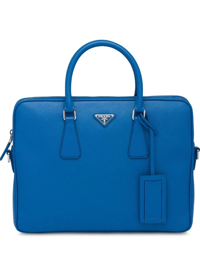 Shop Prada Leather Briefcase In Blue