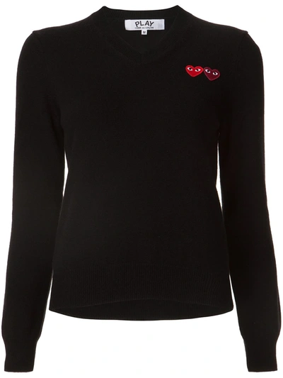 Comme Des Garçons Play Double Emblem V Neck Sweater In Black