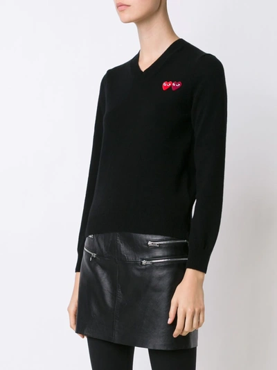 Comme Des Garçons Play Double Emblem V Neck Sweater In Black