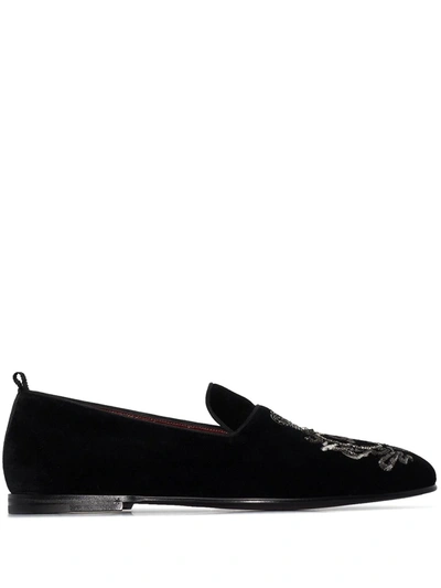 Shop Dolce & Gabbana Dg Embroidered Slippers In Black