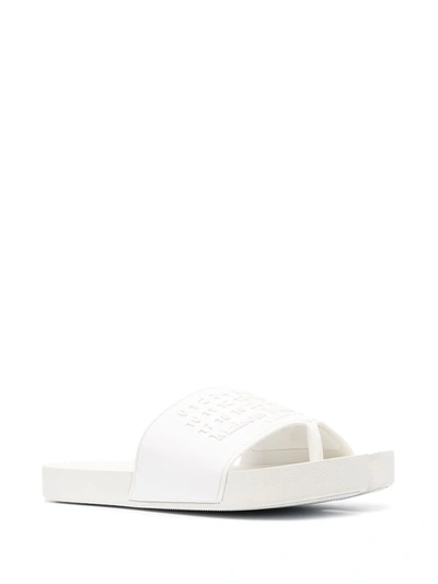 Shop Maison Margiela Logo Embossed Tabi Sliders In White