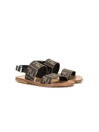 Shop Fendi Open Toe Logo Sandals In Brown