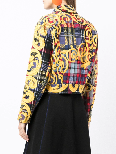 Pre-owned Versace 1990s Baroque Check-print Cropped Jacket In Multicolour