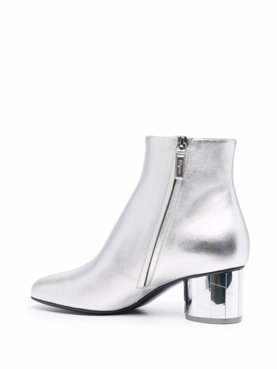 Ferragamo Mirrored Heel Leather Ankle Boots In Silber