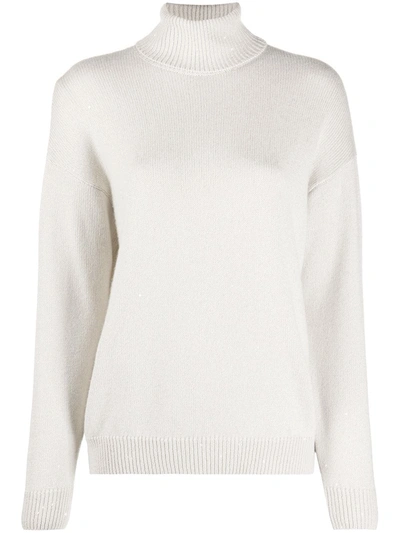 Brunello Cucinelli Roll Neck Ribbed Detail Sweater In Neutrals