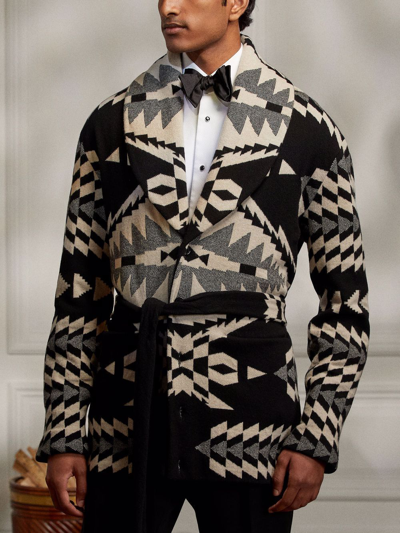 Mens Black Multi Geometric-print Belted Wool-cashmere Blend Cardigan L In  Schwarz