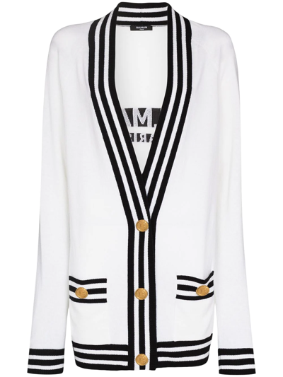 Shop Balmain Embroidered Logo V-neck Cardigan In White