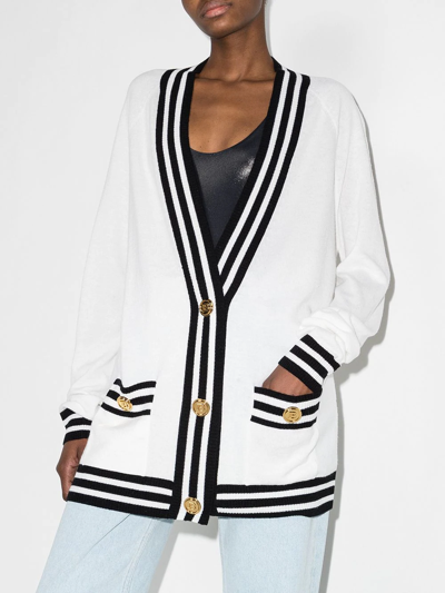 Shop Balmain Embroidered Logo V-neck Cardigan In White