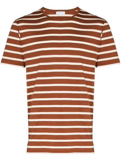 Shop Sunspel Stripe-pattern Cotton T-shirt In Nude