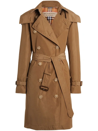 Shop Burberry Detachable Hood Taffeta Trench Coat In Brown