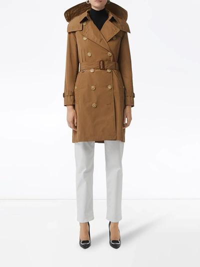 Shop Burberry Detachable Hood Taffeta Trench Coat In Brown