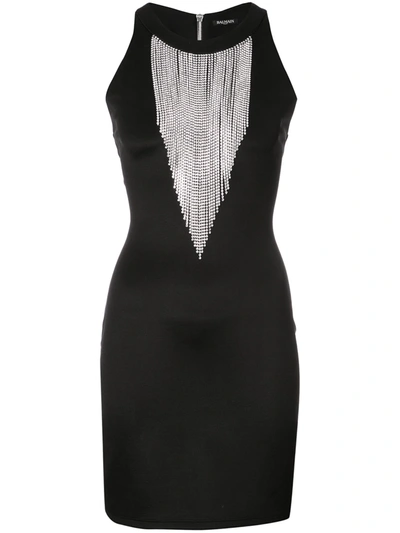 Shop Balmain Embellished Fringe Dress In Black