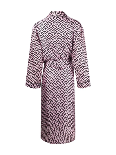 Shop Versace La Greca Printed Silk Robe In Pink