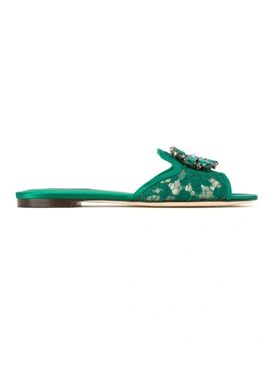 Dolce & Gabbana Lace Flat Sandals Crystal Embellishments In Green