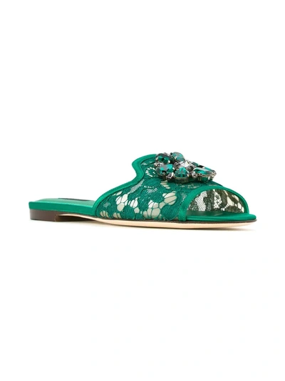 Dolce & Gabbana Lace Flat Sandals Crystal Embellishments In Green