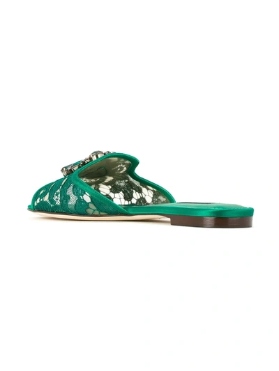 Dolce & Gabbana Lace Flat Sandals Crystal Embellishments In Green