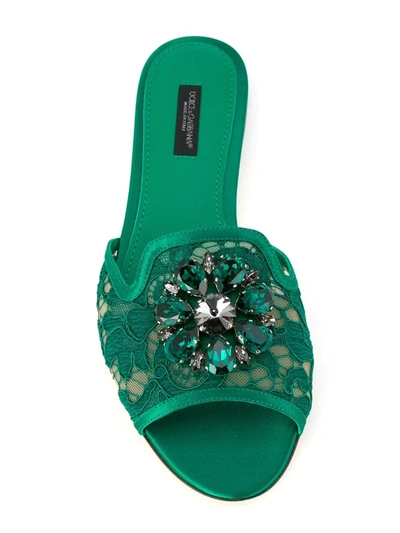 Dolce & Gabbana Lace Flat Sandals Crystal Embellishments In Green