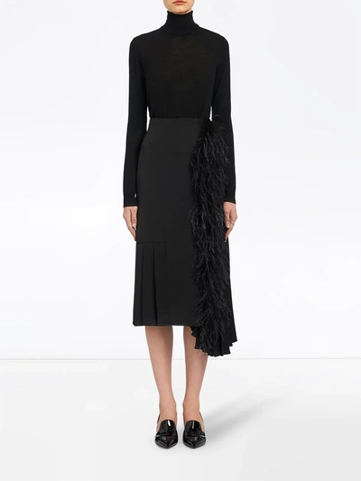 Shop Prada Feather Trimmed Midi Skirt In Black