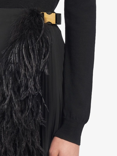 Shop Prada Feather Trimmed Midi Skirt In Black