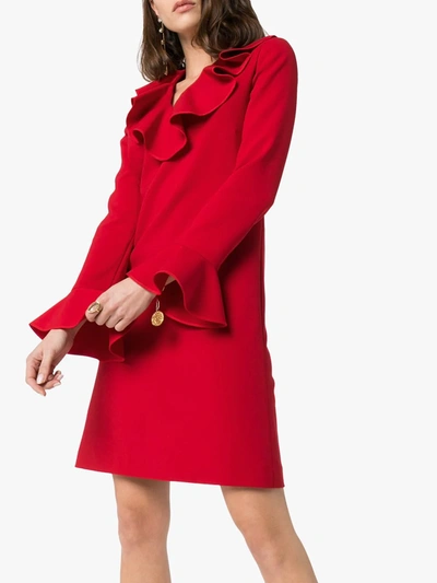 Shop Valentino Ruffle Neck Shift Dress In Red