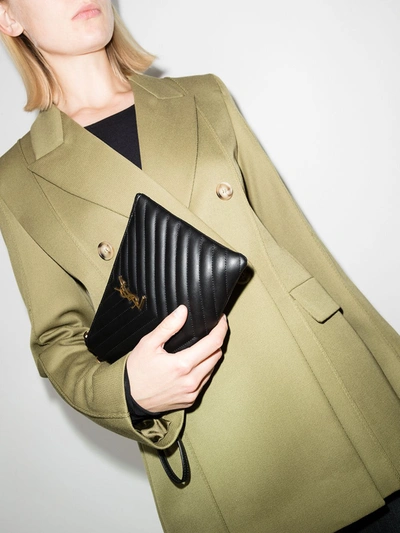 Saint Laurent Monogram Ysl Large Chevron Quilted Flat Wristlet Pouch Bag In Black