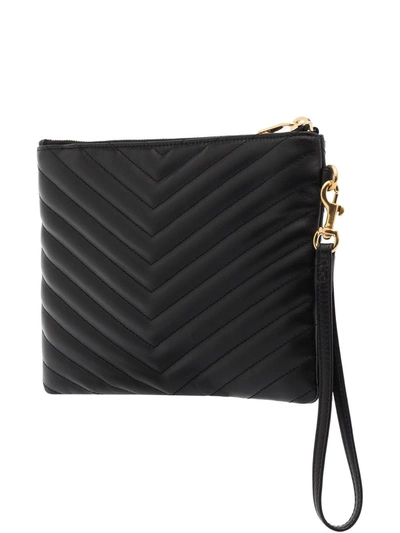 Saint Laurent Monogram Ysl Large Chevron Quilted Flat Wristlet Pouch Bag In Black