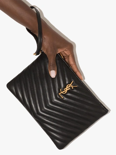 Saint Laurent Monogram Ysl Large Chevron Quilted Flat Wristlet Pouch Bag In Black