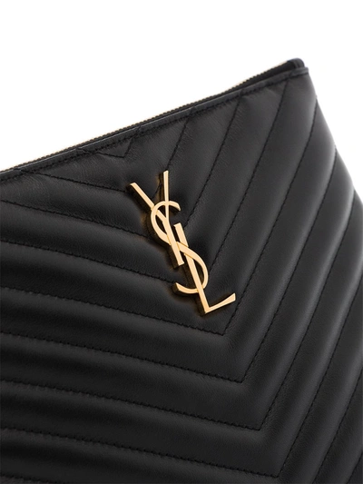 Saint Laurent Monogram Ysl Large Chevron Quilted Flat Wristlet Pouch Bag In Black